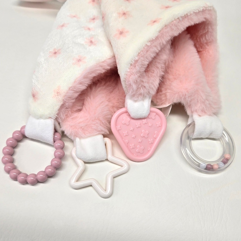 Dreamgro White Bunny Baby Security Blanket Pink Floral Teether Rattle Lovey 12" - Picture 4 of 8